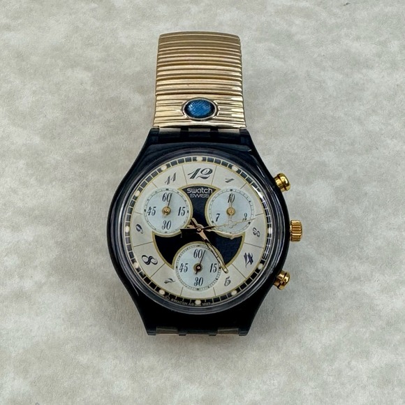 Swatch Watch Chronograph Swiss Made 1993 Black Gold Stretch Band UNTESTED - Picture 1 of 6